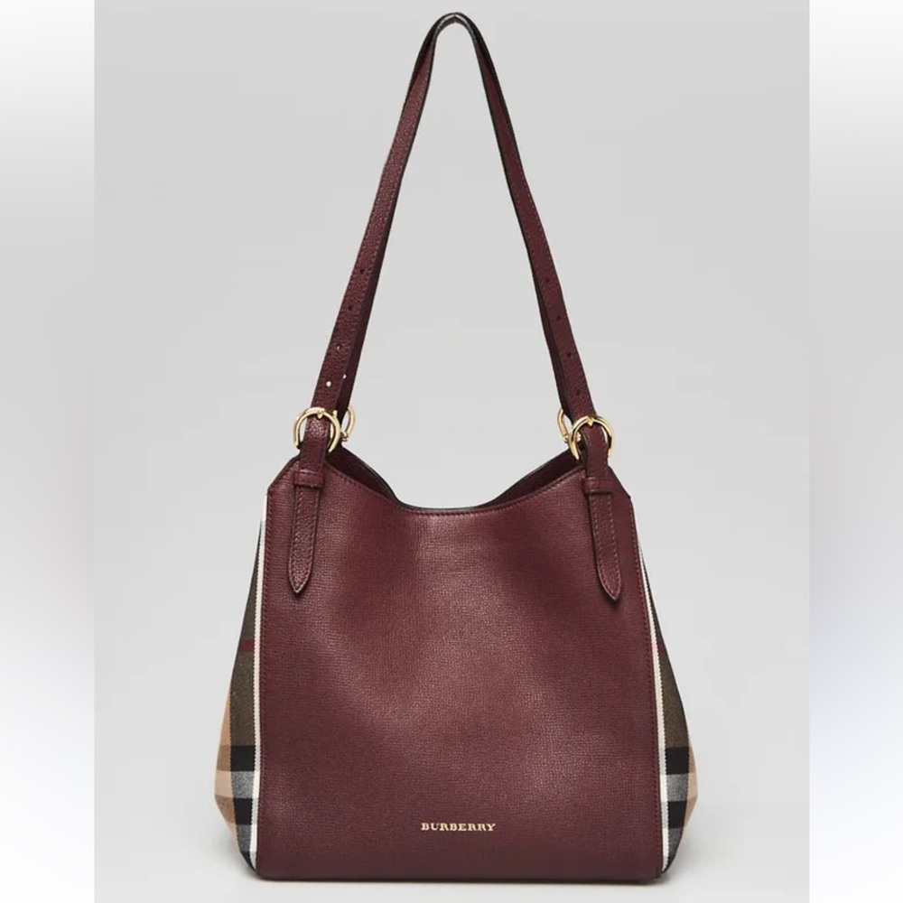 BURBERRY Burgundy Leather And House Check Canvas Small Canterbury Tote Bag